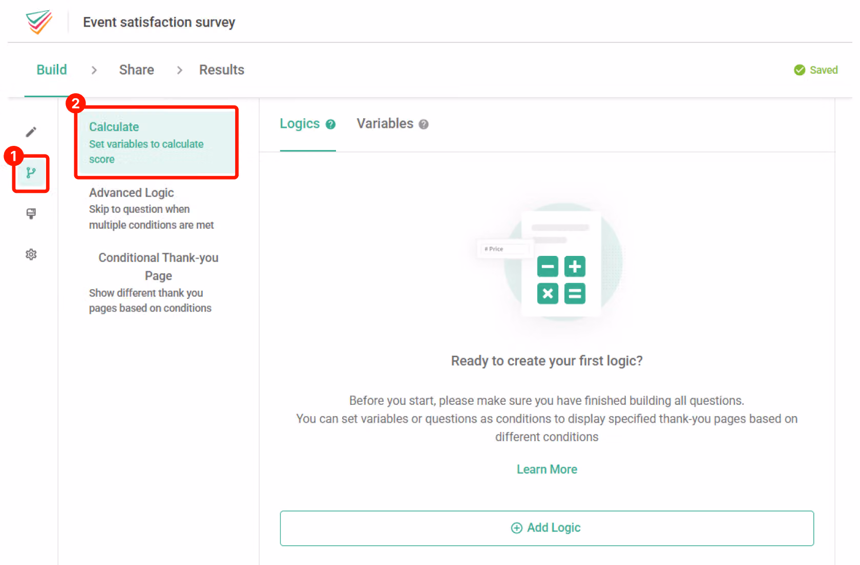 Logics page in the survey Build section showing the entry point for Calculate settings