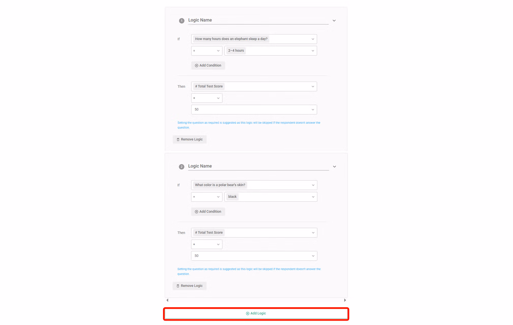 Multiple logic rules added so respondents accumulate points based on the number of correct answers