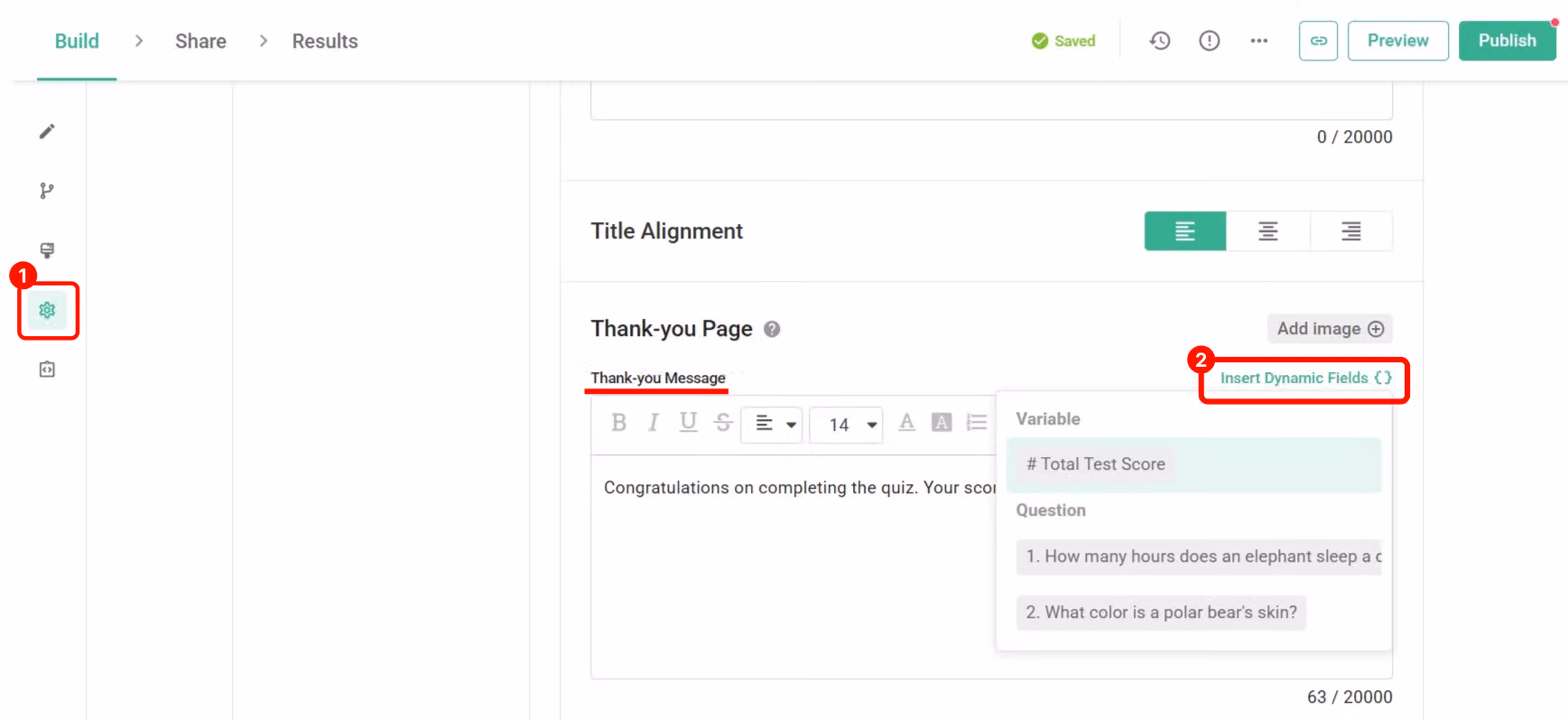 Welcome and Thank-you Page settings inserting the calculation variable into the thank-you message field