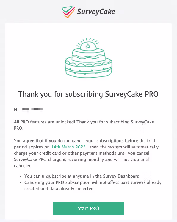 Email sent to the registered address after subscribing, showing subscription terms and renewal date reminder