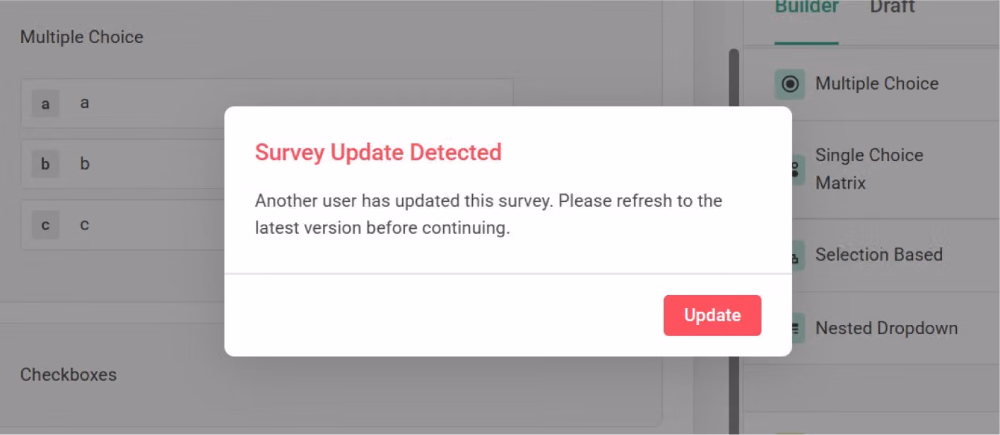 Prompt asking the user to refresh to the latest version after another user updated the questionnaire