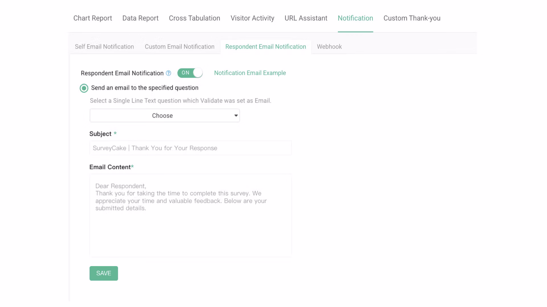 Notifications page showing toggles for three email notification types and a notification email example button