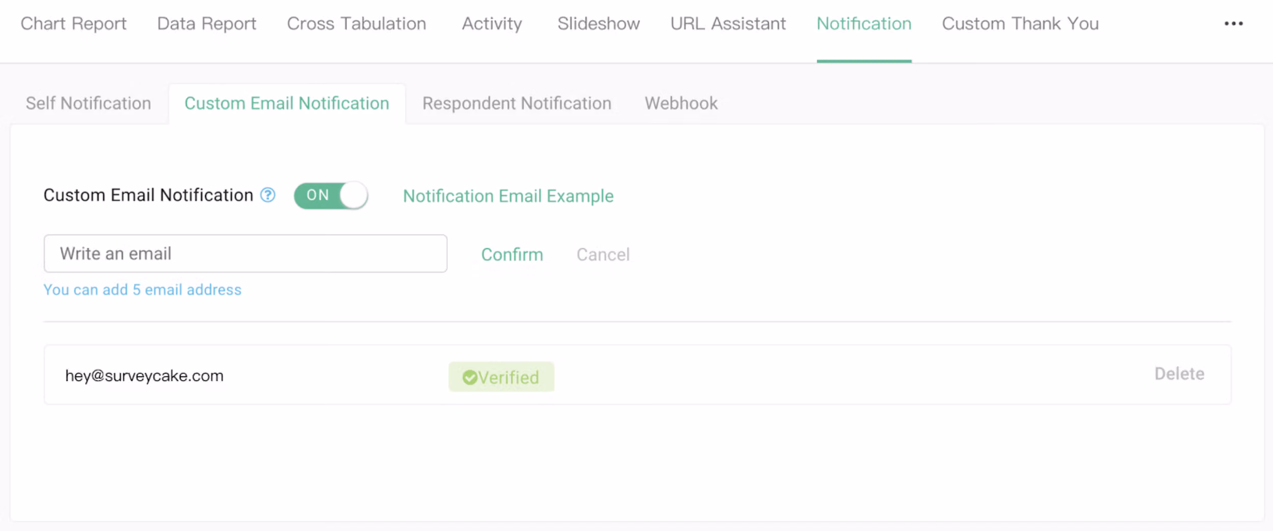 Custom Email Notification section with fields for adding up to 5 custom recipient email addresses