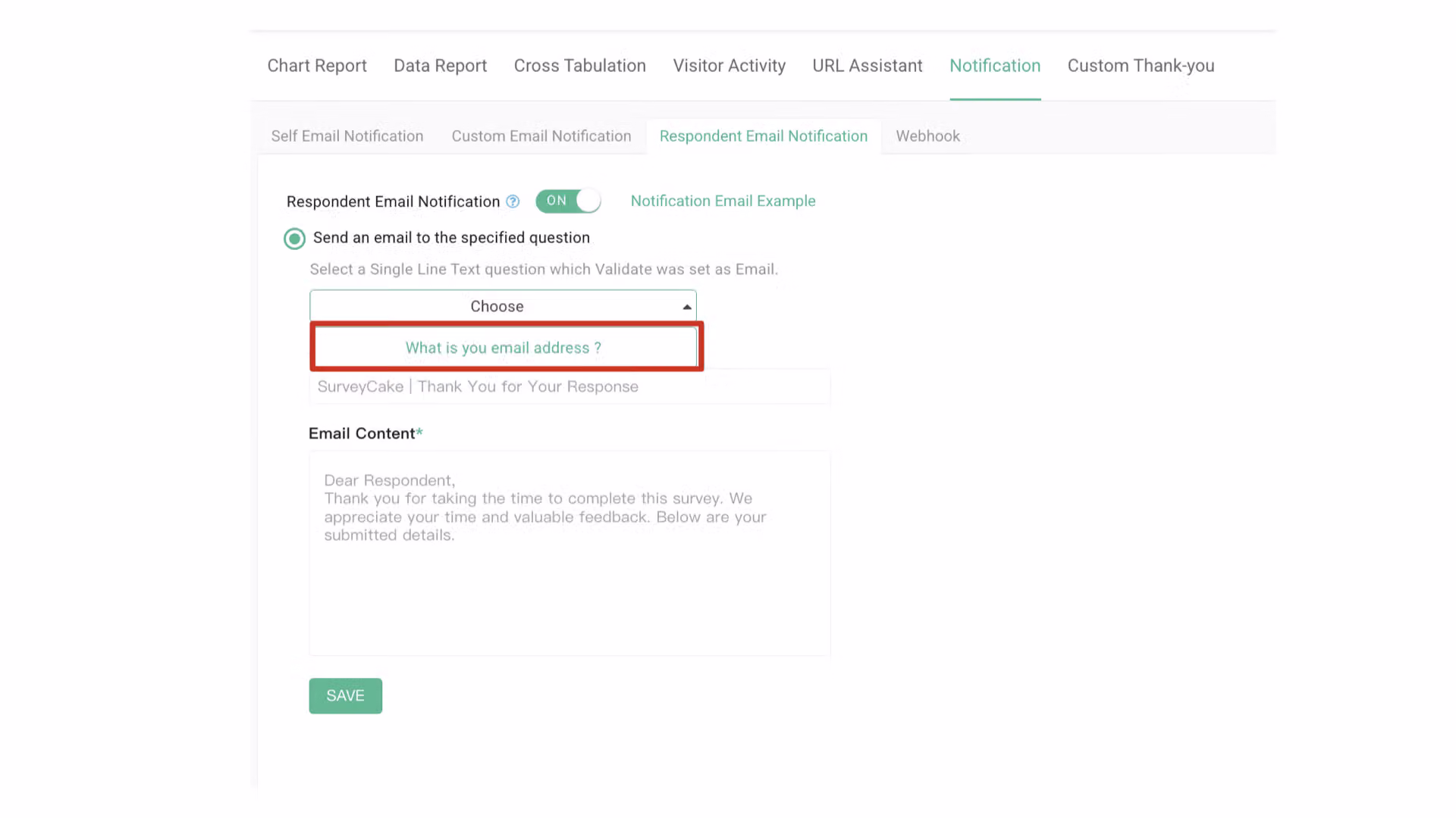Toggle switch for enabling the Self Email Notification feature for the survey owner