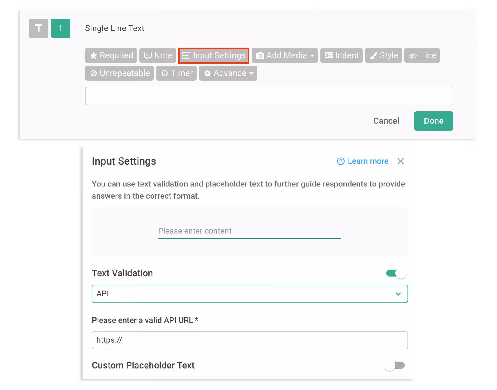 Input Settings for a Single Line Text or Paragraph question with Text Validation enabled, API selected, and a custom validation URL pasted