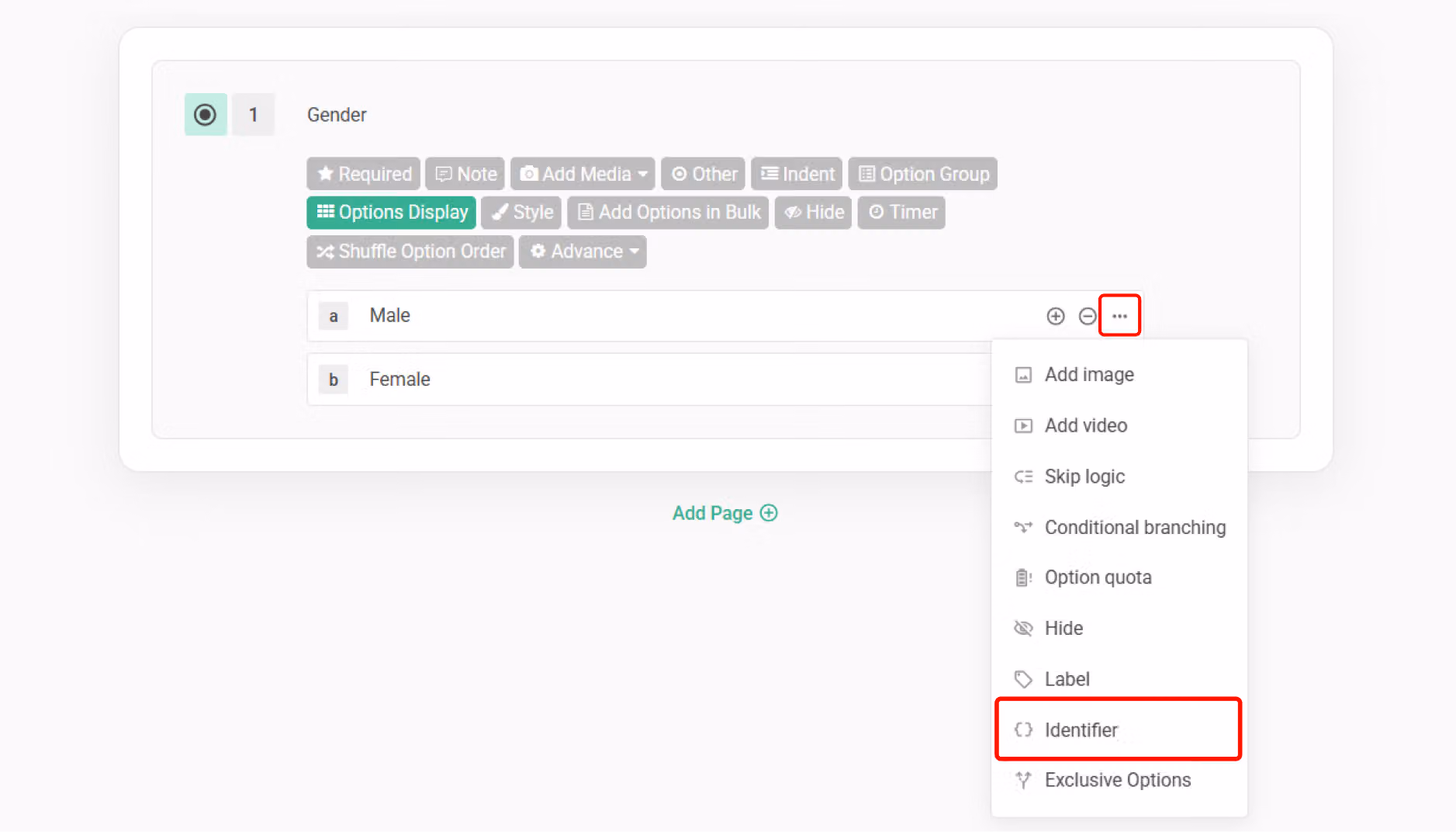 Question editor showing an option list, from which one option's Identifier is about to be set