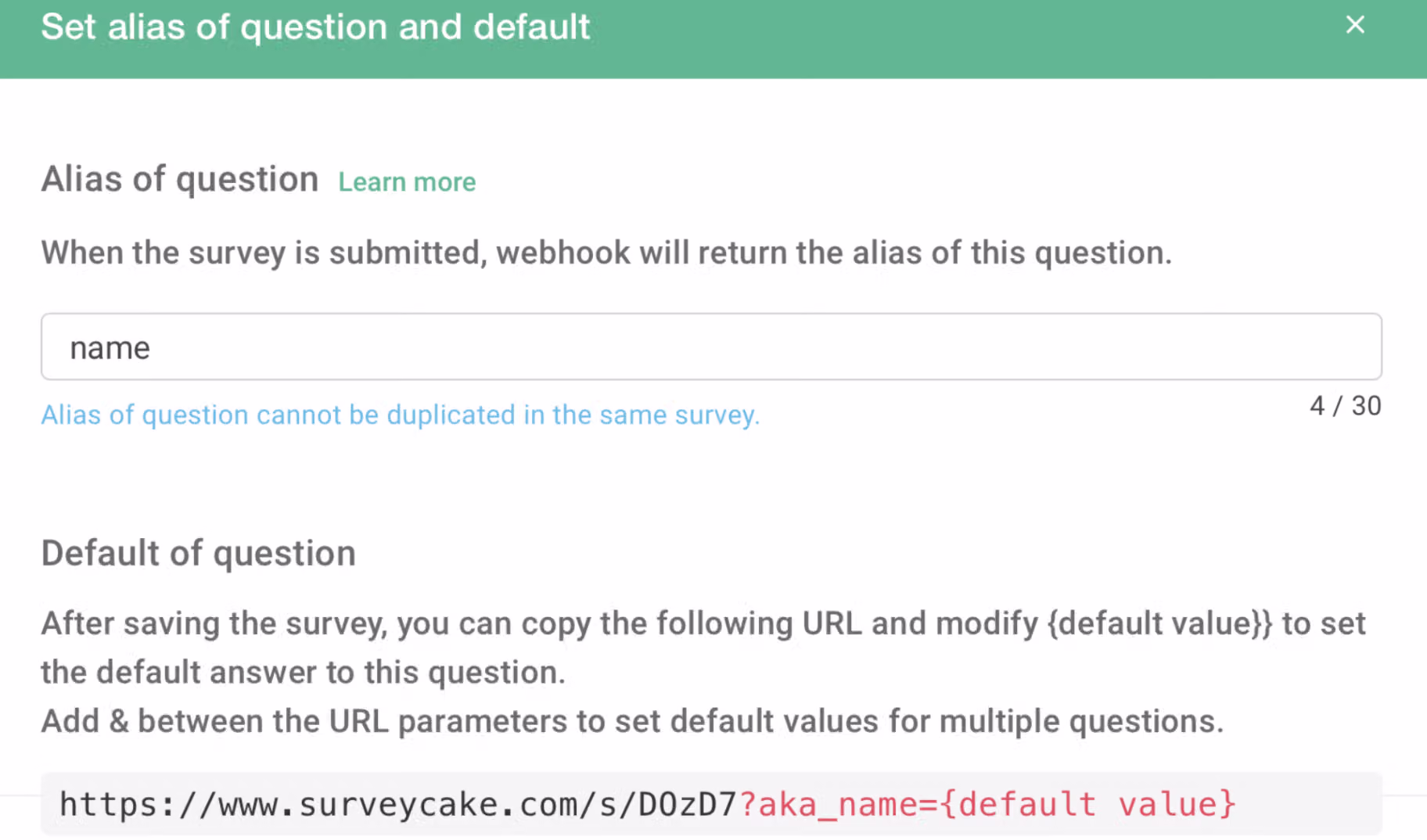 URL parameter replaced with aka_name after setting the identifier of the name question to name