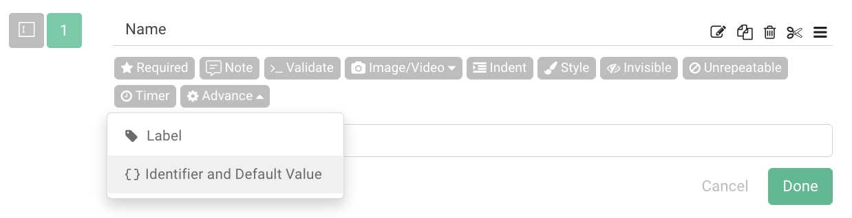 Survey question settings menu with the Default option selected to configure a default value