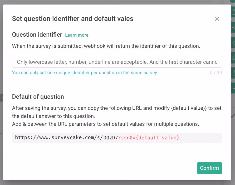 Identifier and Default Value setting window showing the question's default ssn code parameter