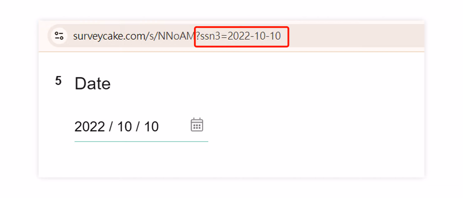 Survey URL with the ssn parameter set to 2022-10-10, automatically pre-filling a date question with that date