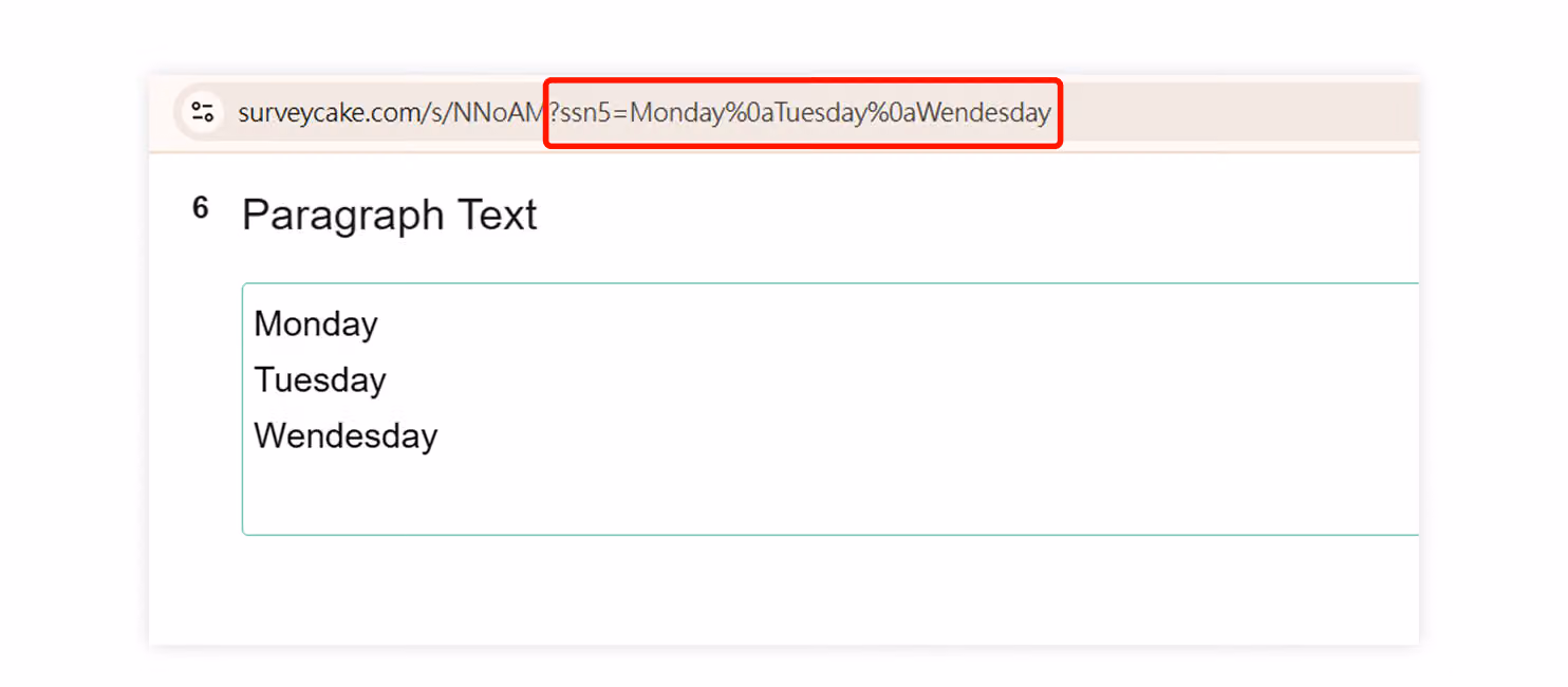 Survey URL with the %0a parameter inserted so the default long-response text automatically includes a line break