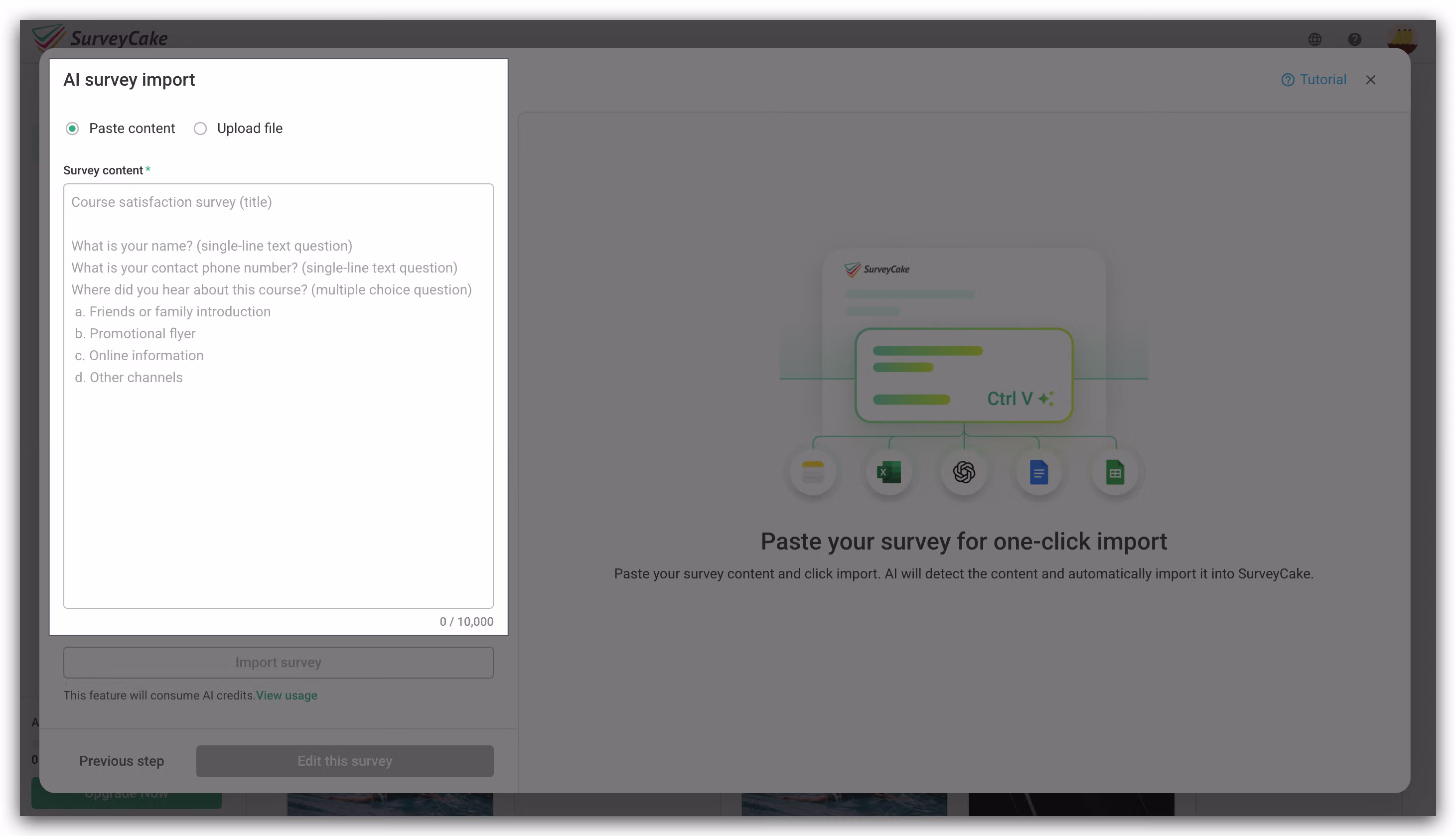 Import method selection page with a Paste Content text box for pasting question content
