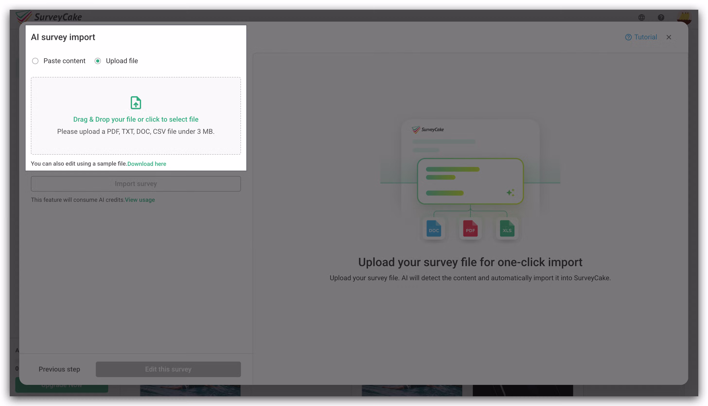 Upload File option on the import method selection page for converting a document into a survey