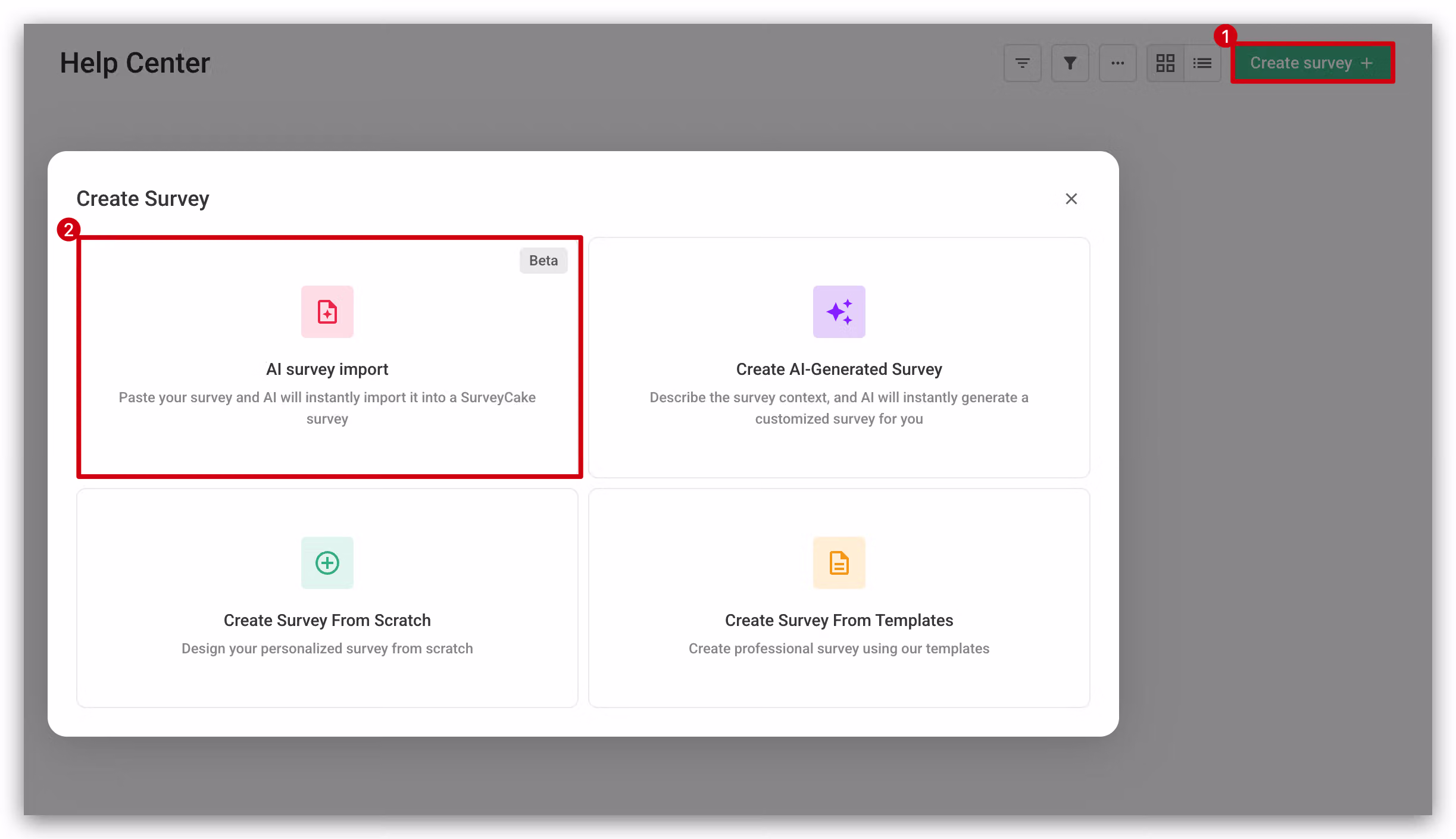 AI Credits deduction record showing 20 credits deducted after successfully importing a survey