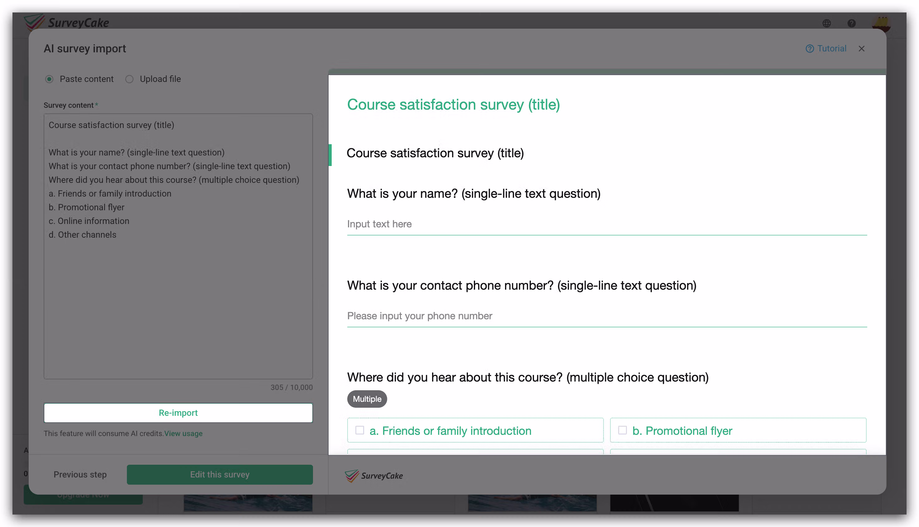 Question and option confirmation screen after AI recognition, with a Re-import button for adjustments