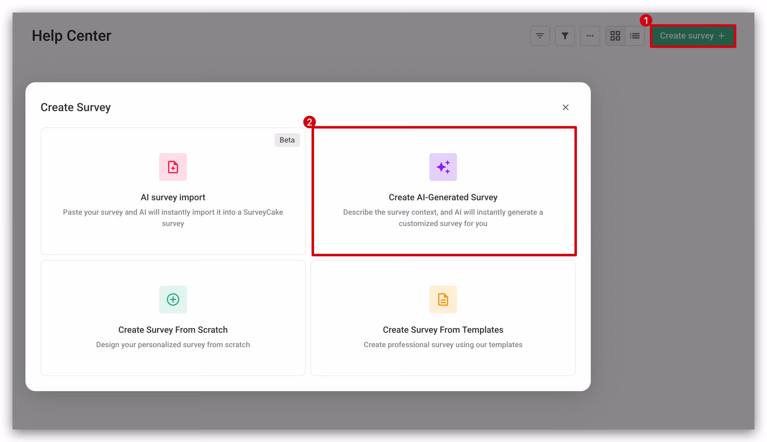 Create New Survey pop-up menu with the Create AI-Generated Survey option highlighted
