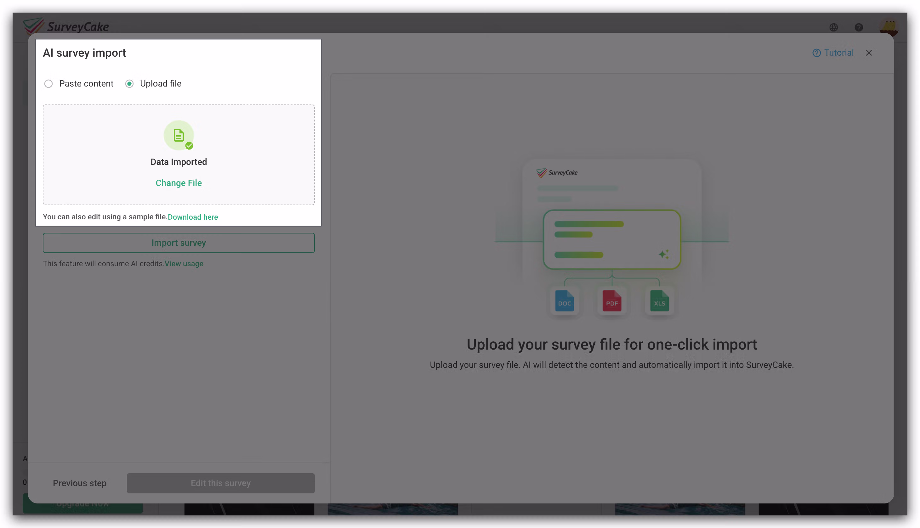 PDF upload confirmation showing a Data imported message with a Change File option