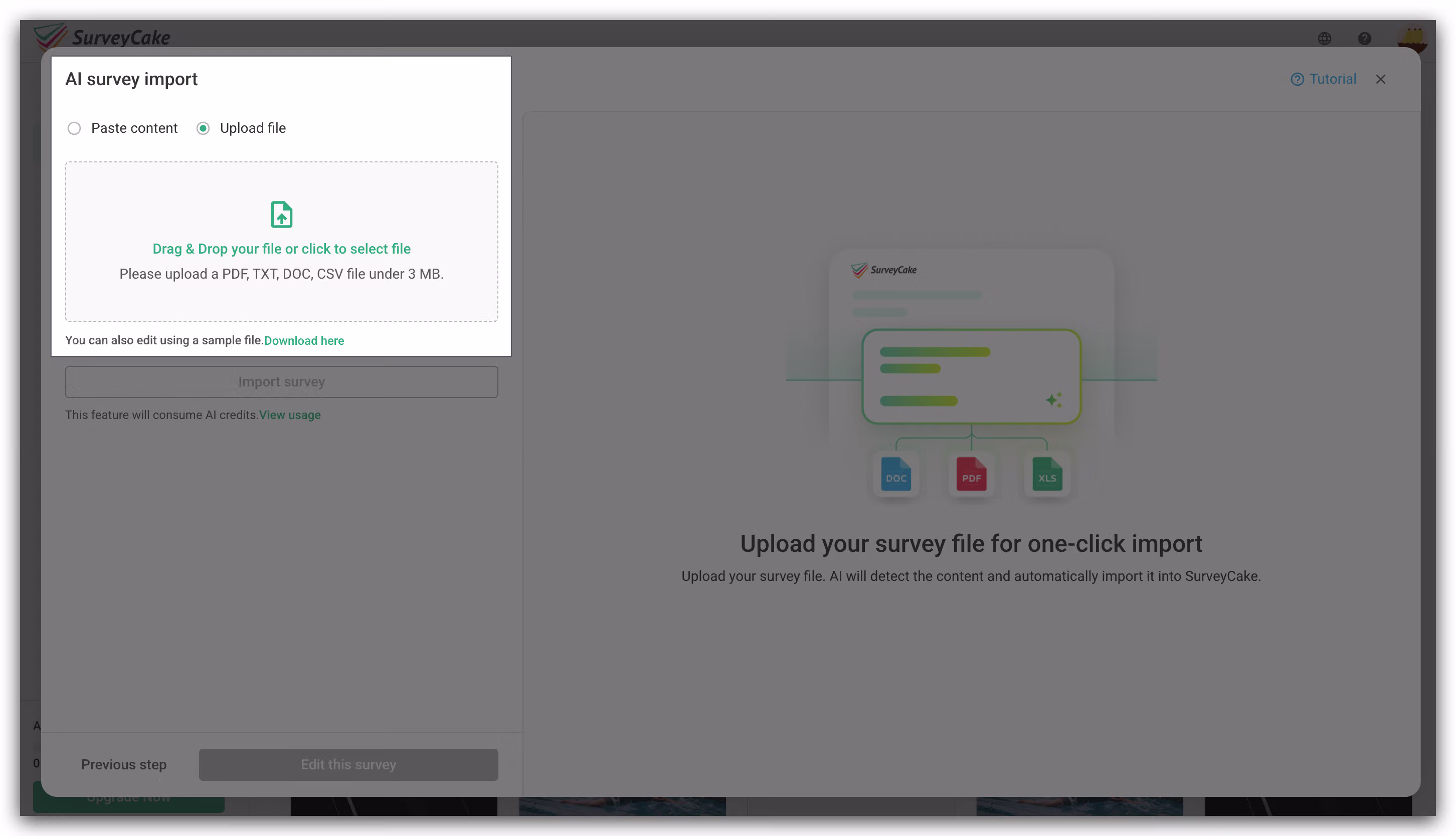 Create from PDF upload area for dragging in or browsing to select a PDF file