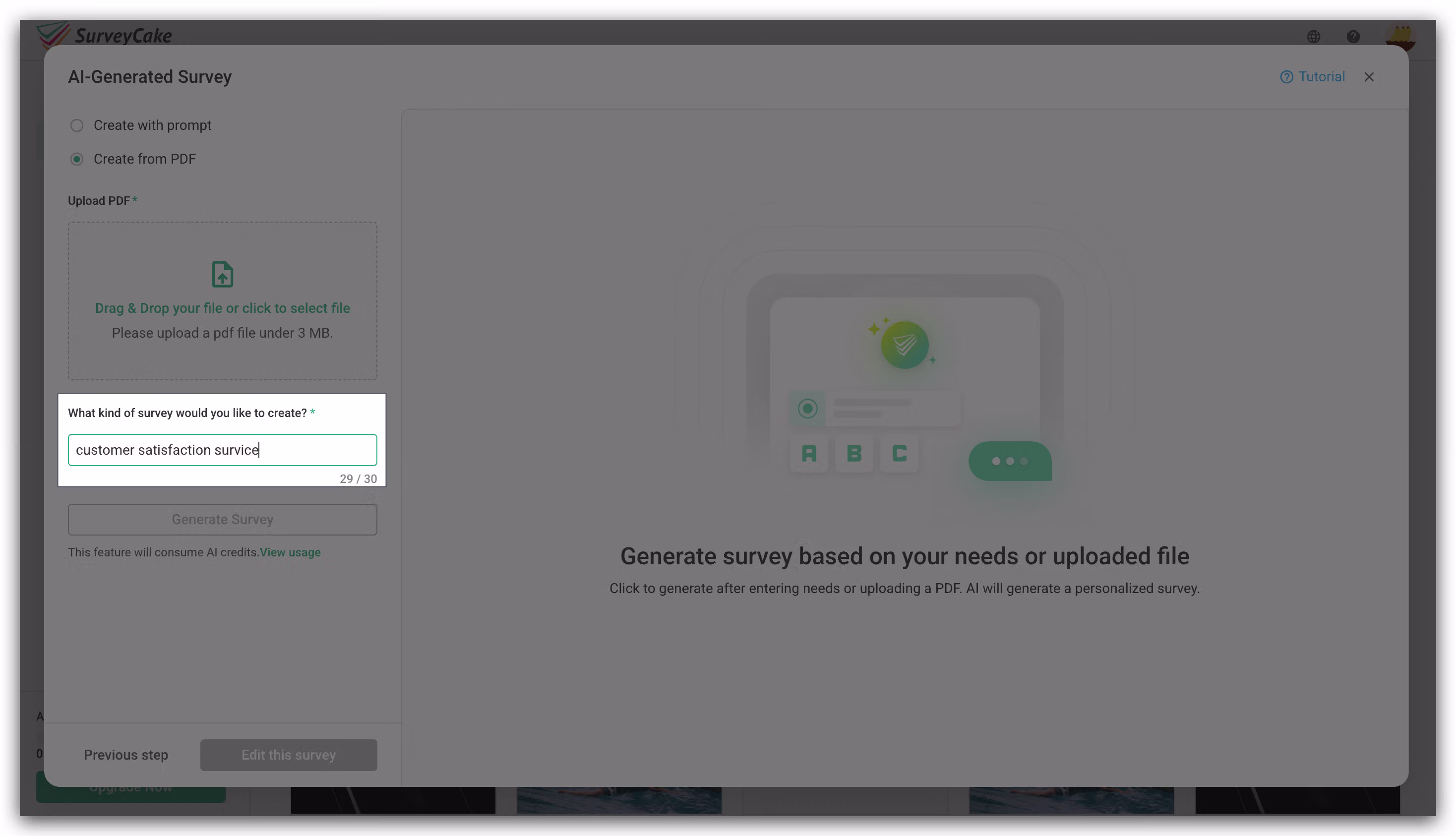 Survey description field and Generate Survey button for creating a survey from an uploaded PDF