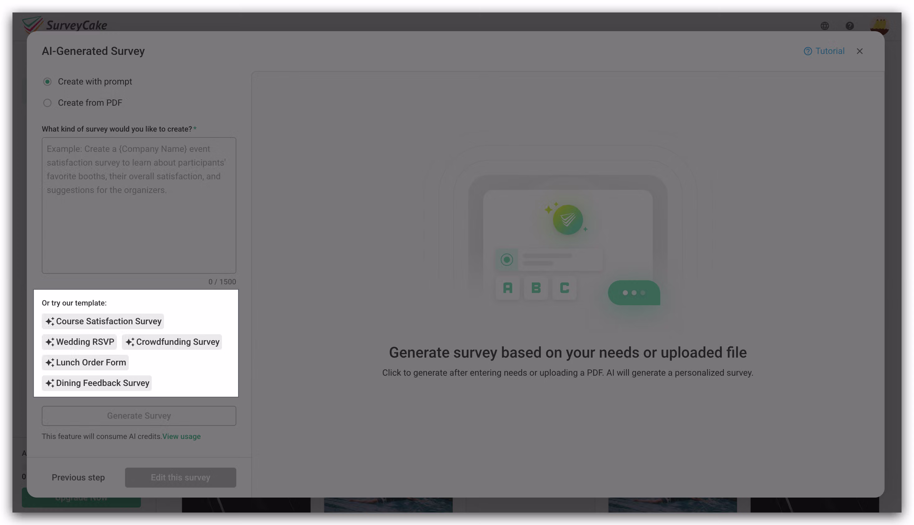AI Survey Generator template tags under 'Or try our template' for auto-filling the prompt