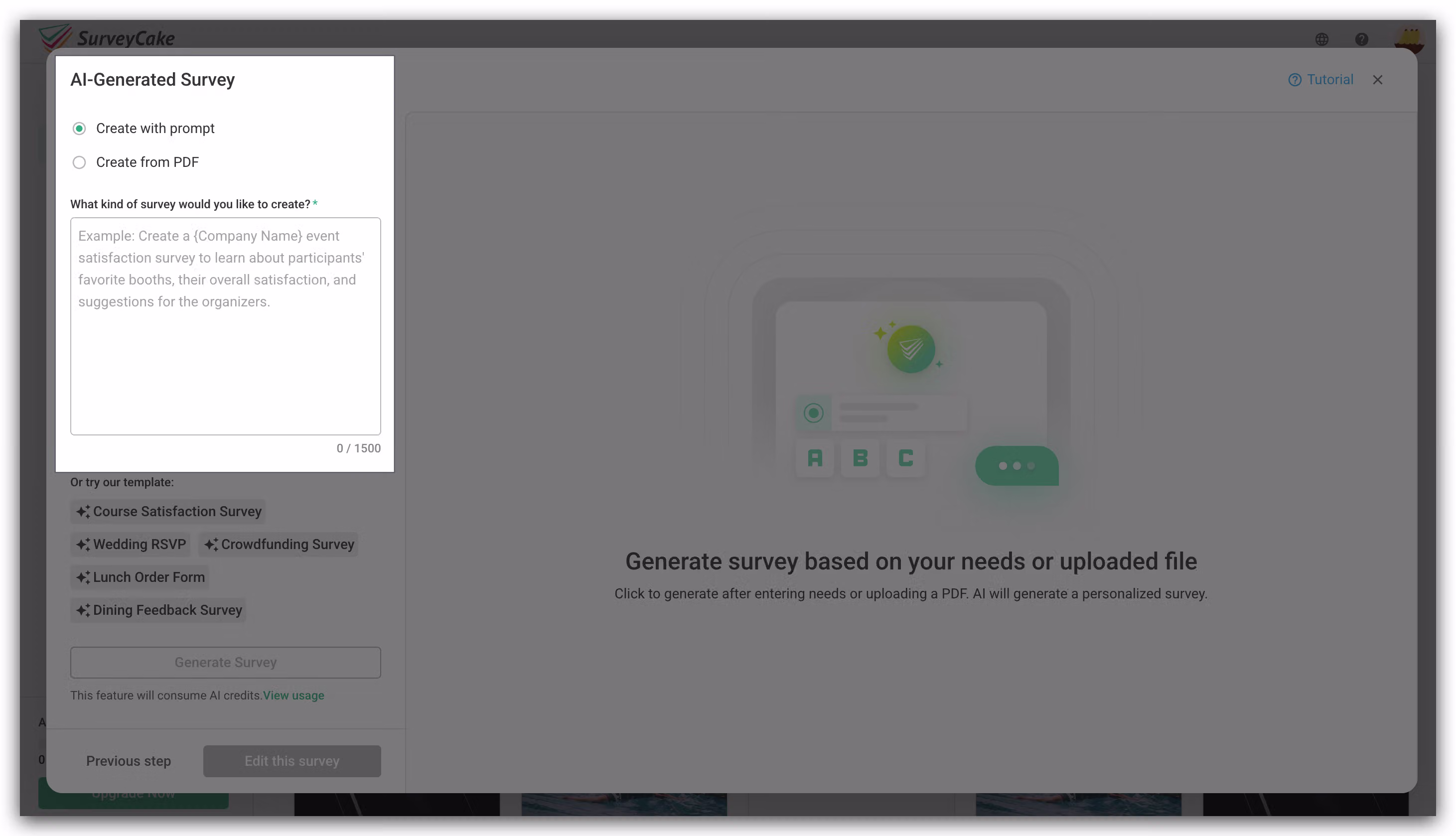 AI Survey Generator prompt field for describing the kind of survey you want to create