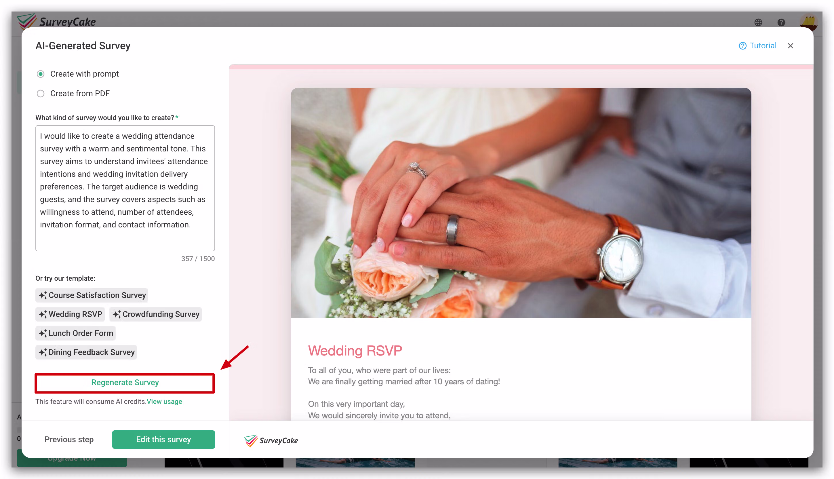 AI-generated survey preview panel with the Edit This Survey button to enter editing mode