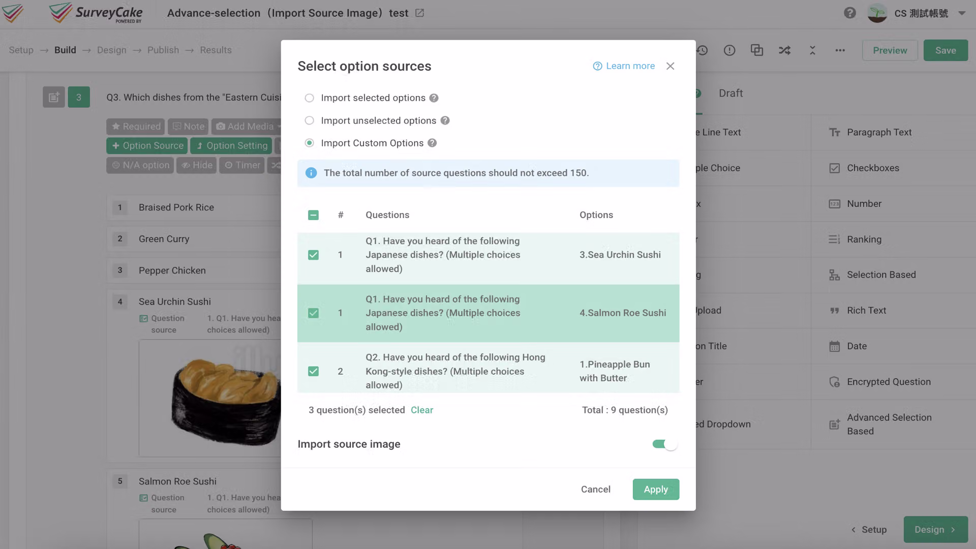 Custom Option checklist with the Import Source Image toggle and Apply button for Advanced Selection Based