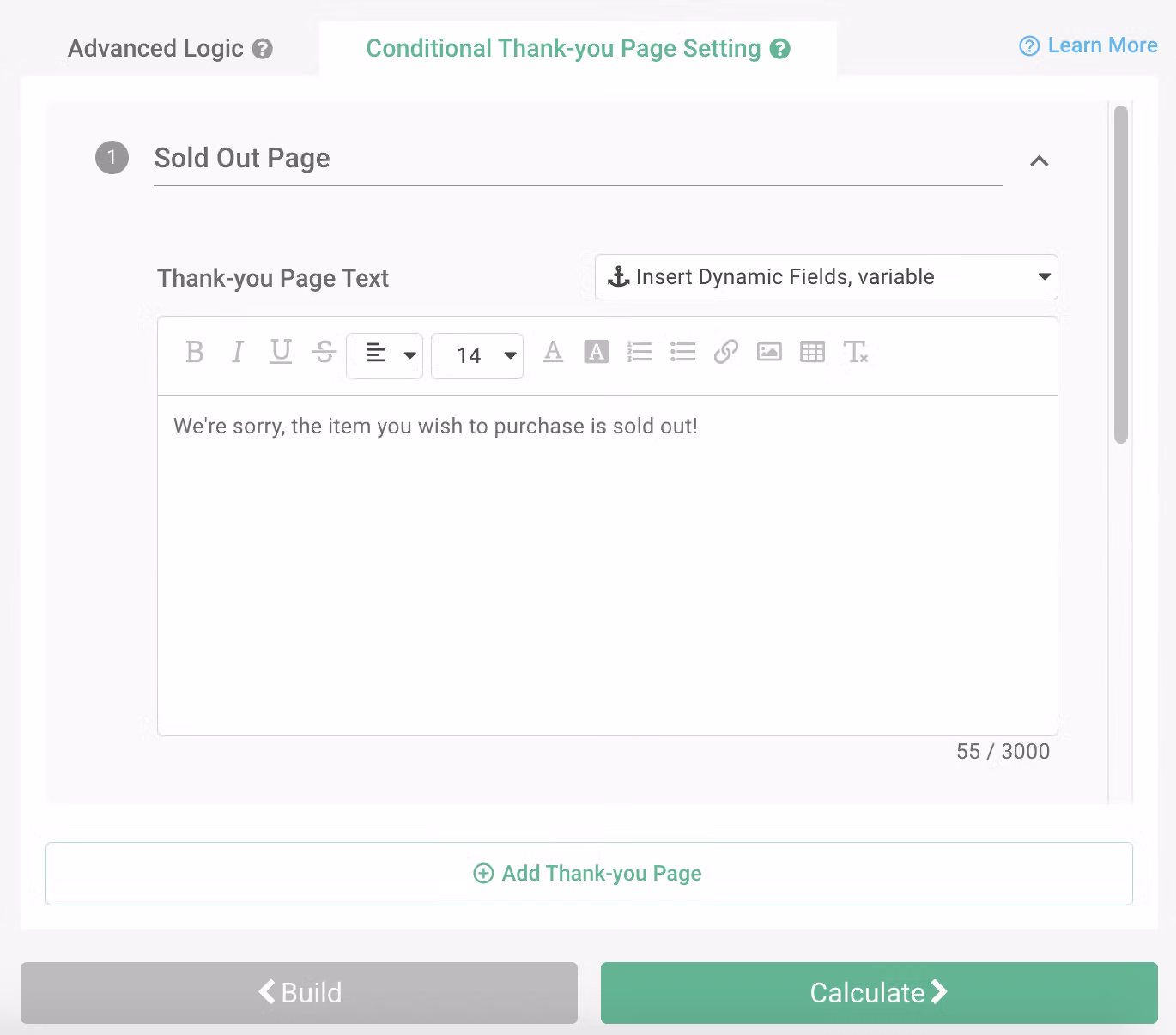 Conditional Thank-you Page Settings page after a new custom thank-you page has been added