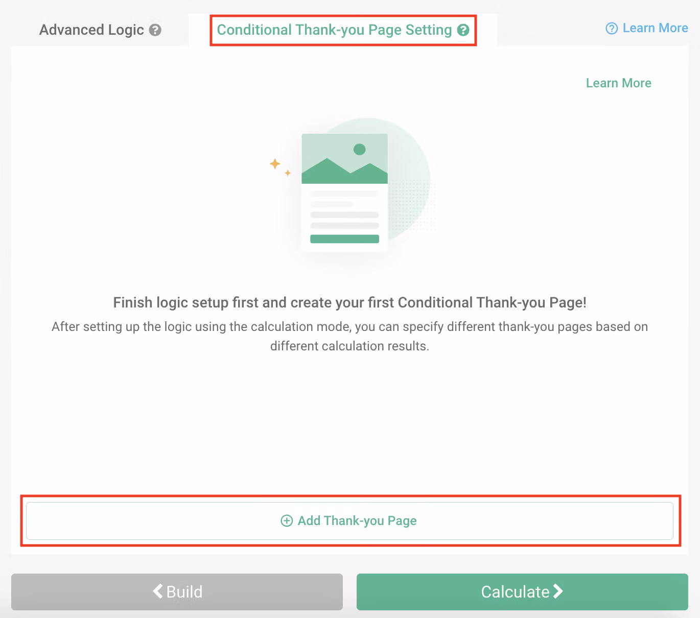 Conditional Thank-you Page Settings page before adding a new custom thank-you page