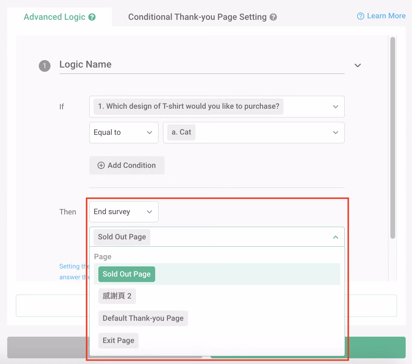 Advanced Logic action set to End Survey with a custom thank-you page selected as the destination