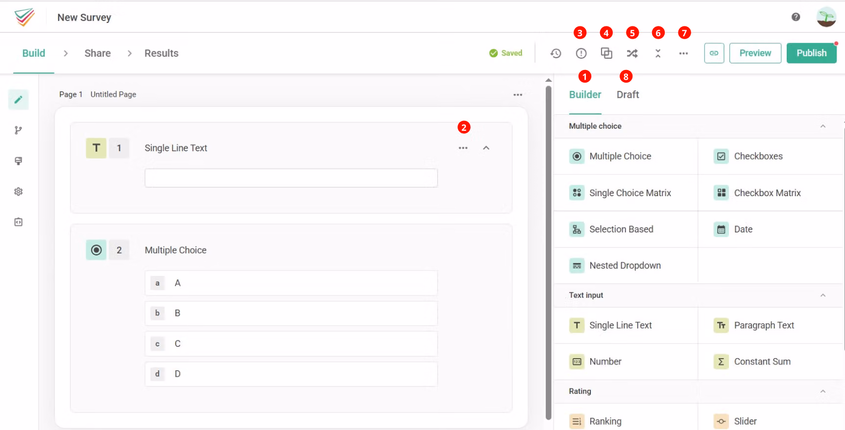 Build page of the survey editor, accessed by clicking Build in the left menu or progress steps