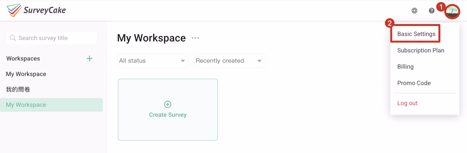 Basic Settings entry highlighted in the upper-right menu of the SurveyCake admin panel