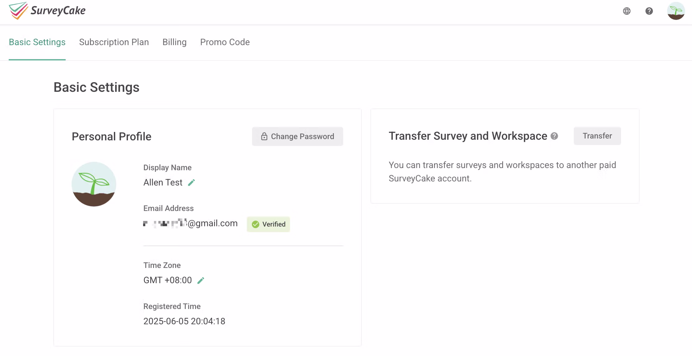 Basic Settings page showing Personal Profile section with email address and change password options