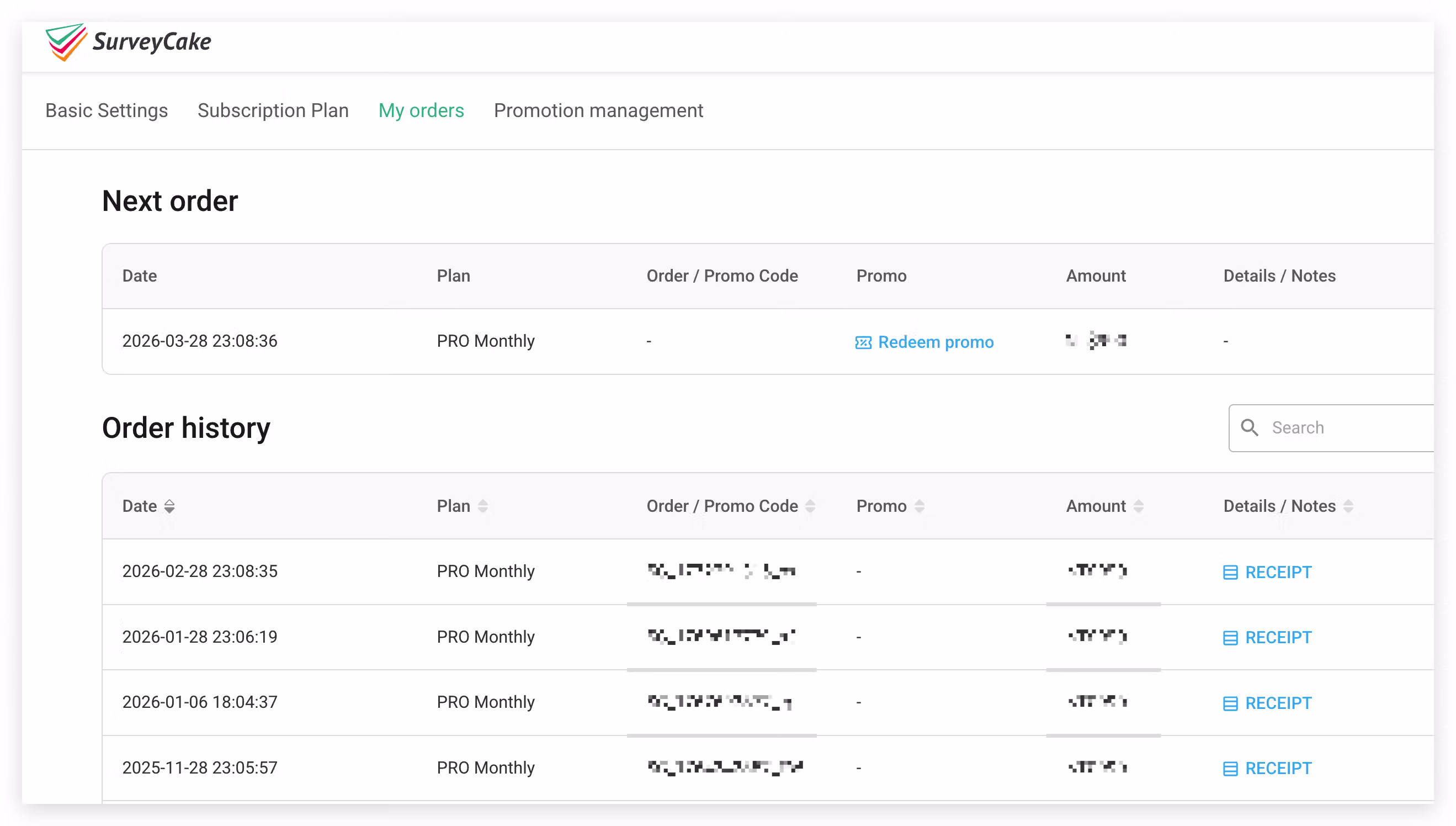 My Orders page listing subscription and order details with date and plan fields