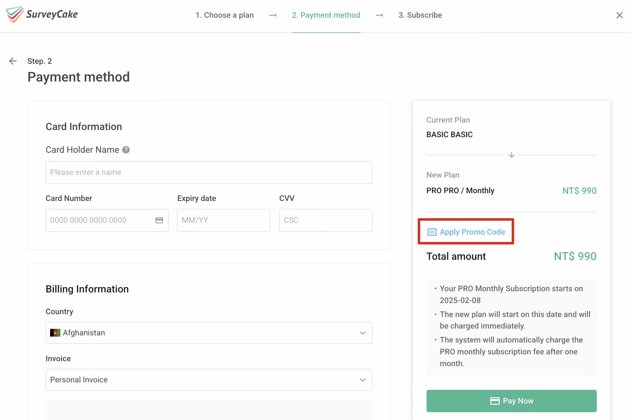 Credit card payment page with the Redeem Promo button clicked to open the promo code input field