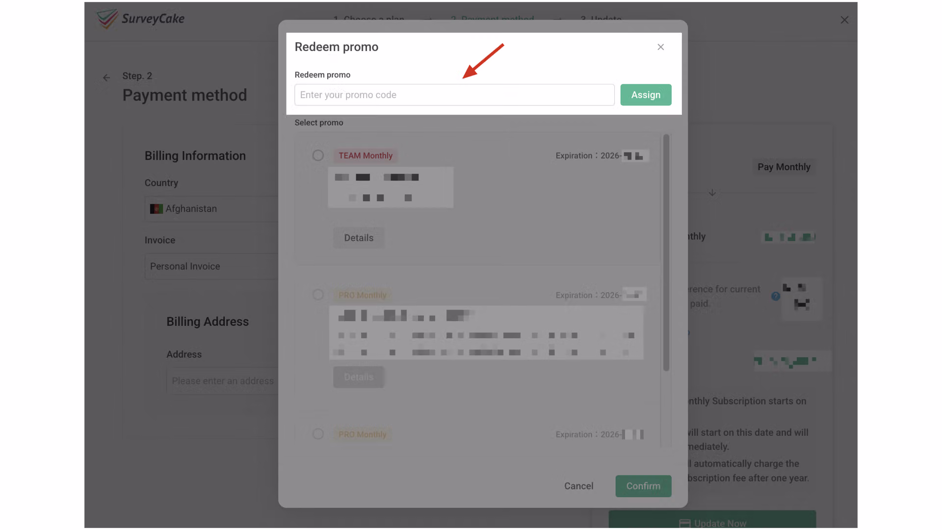 Promo code entered and Assign button clicked, showing a successfully redeemed coupon