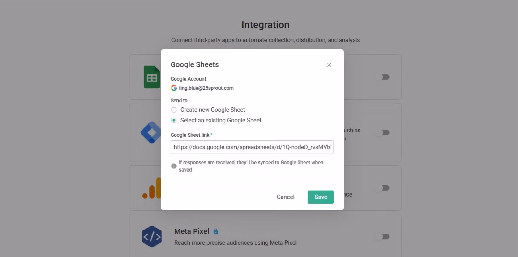 Google Sheets settings with the option to select an existing spreadsheet by pasting its link