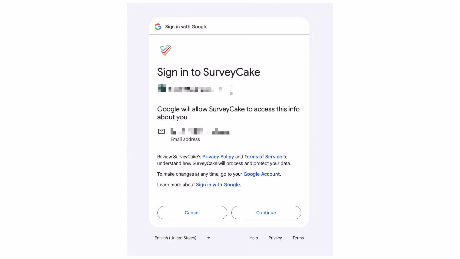 Google authorization confirmation page with the Continue button being clicked