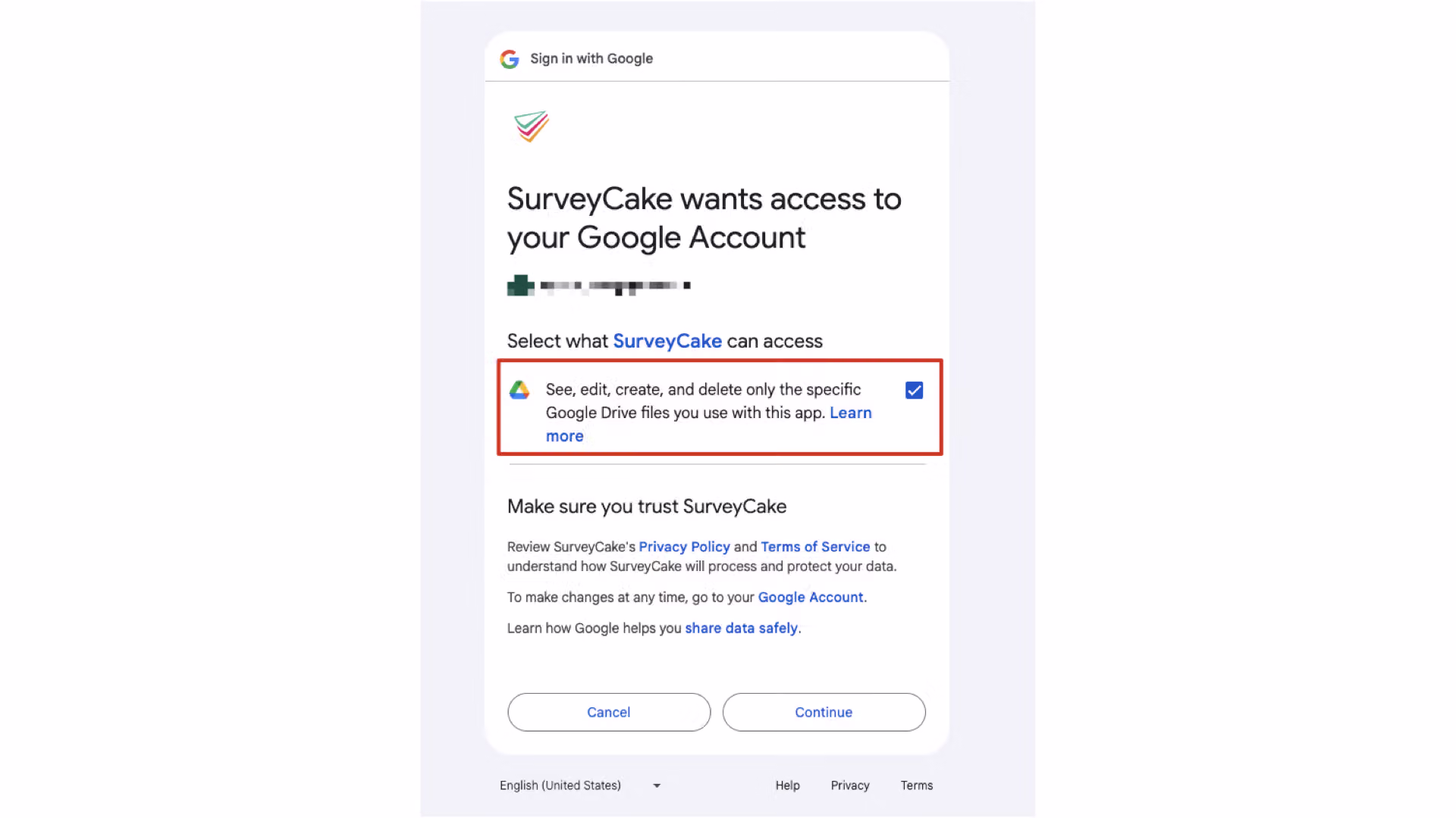 Screen for checking the box to agree to the authorization scope and clicking Continue when linking an account for the first time