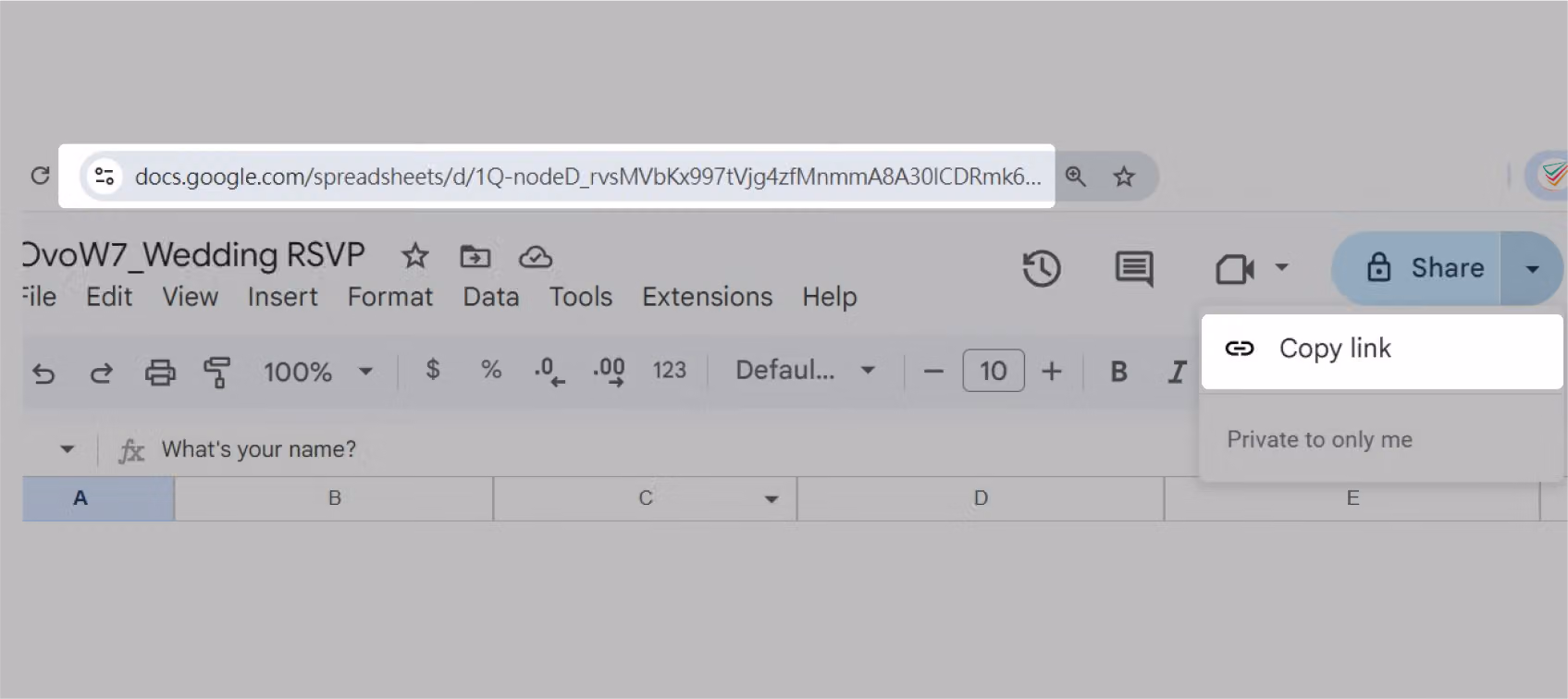 Google Sheets Share dropdown menu in the upper right corner with the copy link option