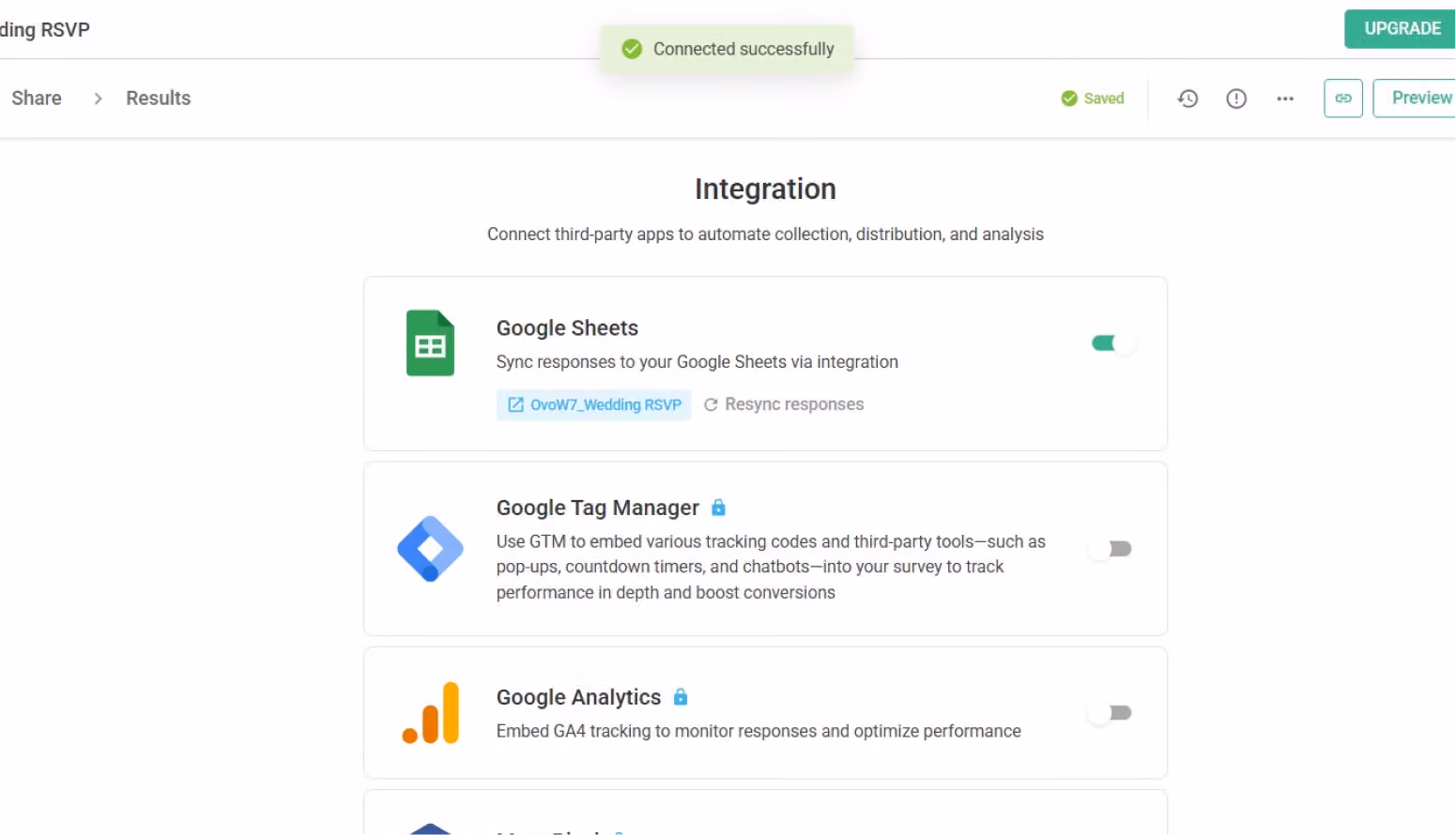 Google Sheets integration shown as enabled, indicating the setup is complete