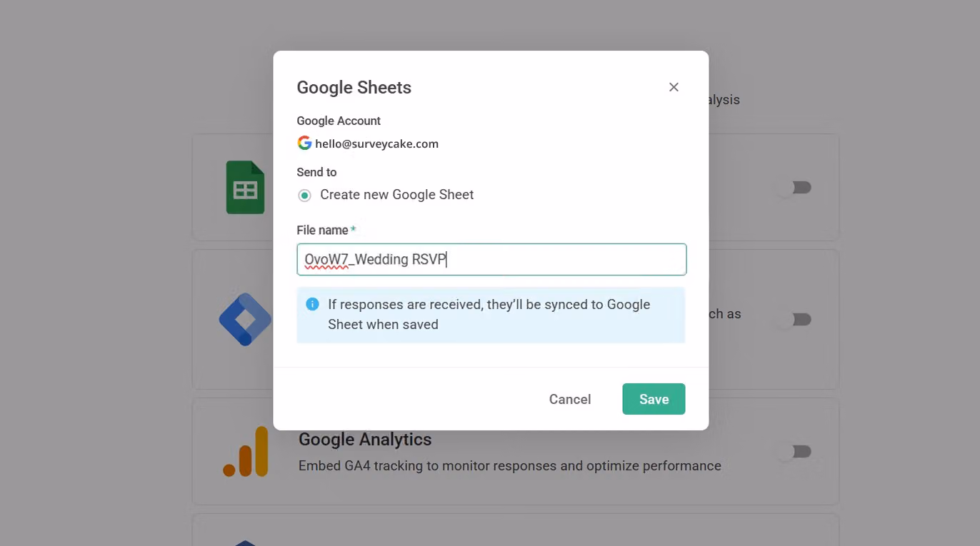 Settings window opened after successful authorization, showing the default file name for the automatically created Google Sheet