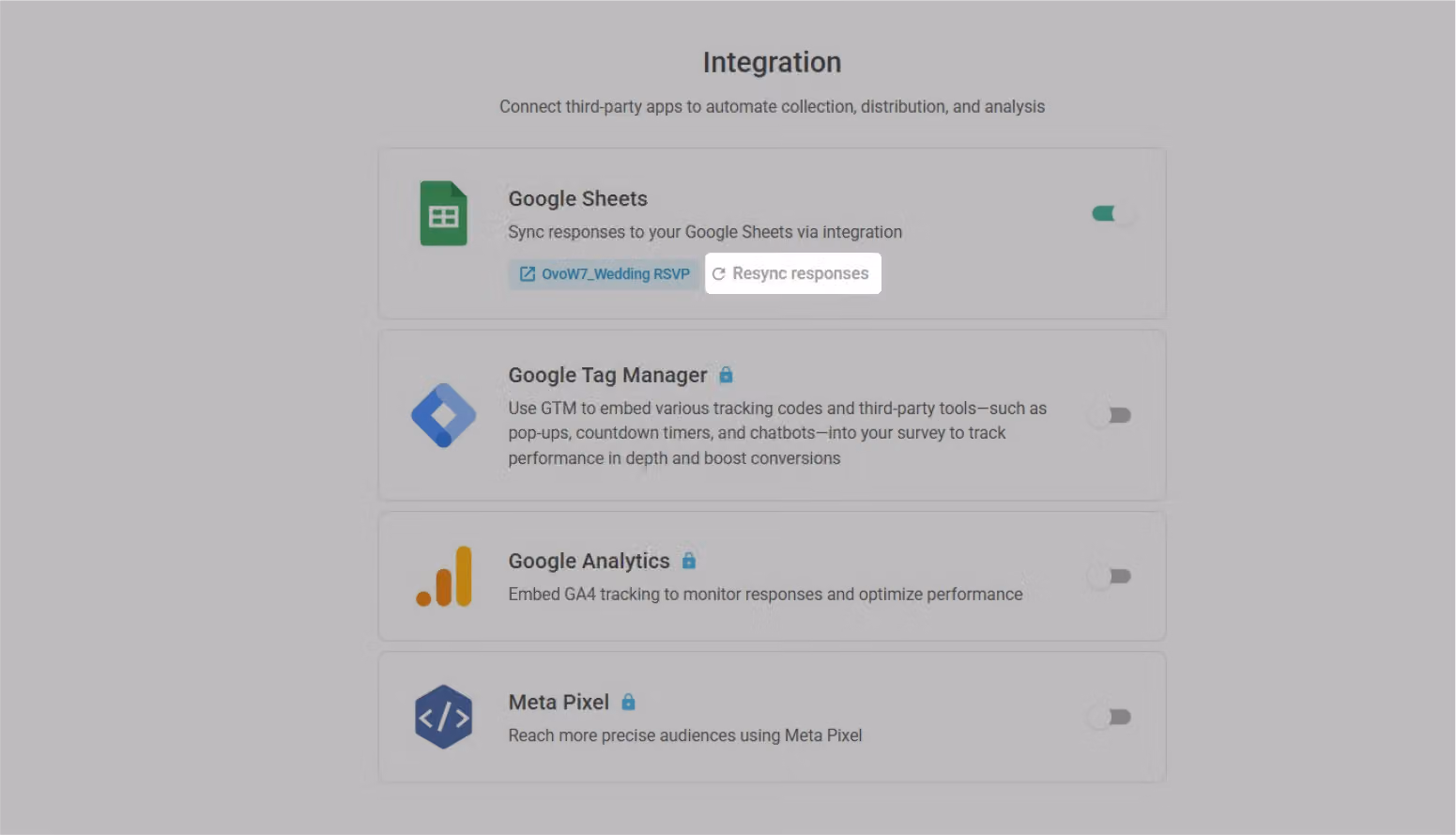 Resync responses button on the Integration page used to recover any missed response data