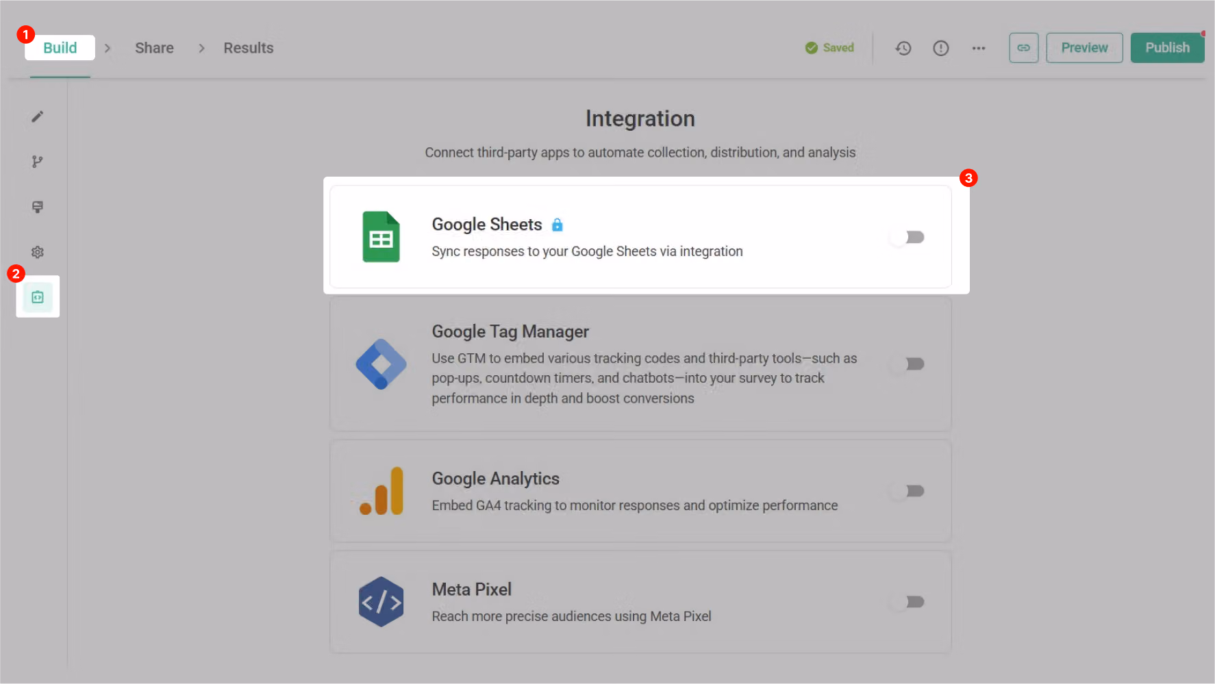 Survey editor Integration sidebar with the Google Sheets integration field opened