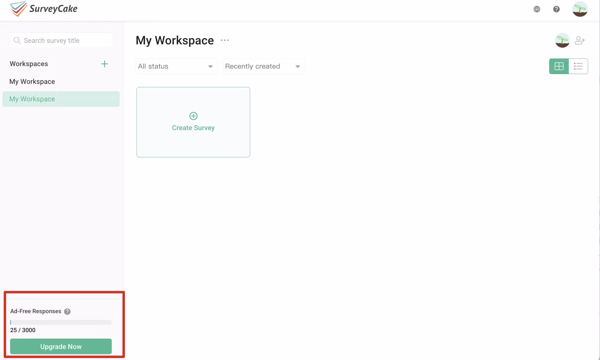 Current month's ad-free response usage shown in the bottom-left corner of the Survey Overview page
