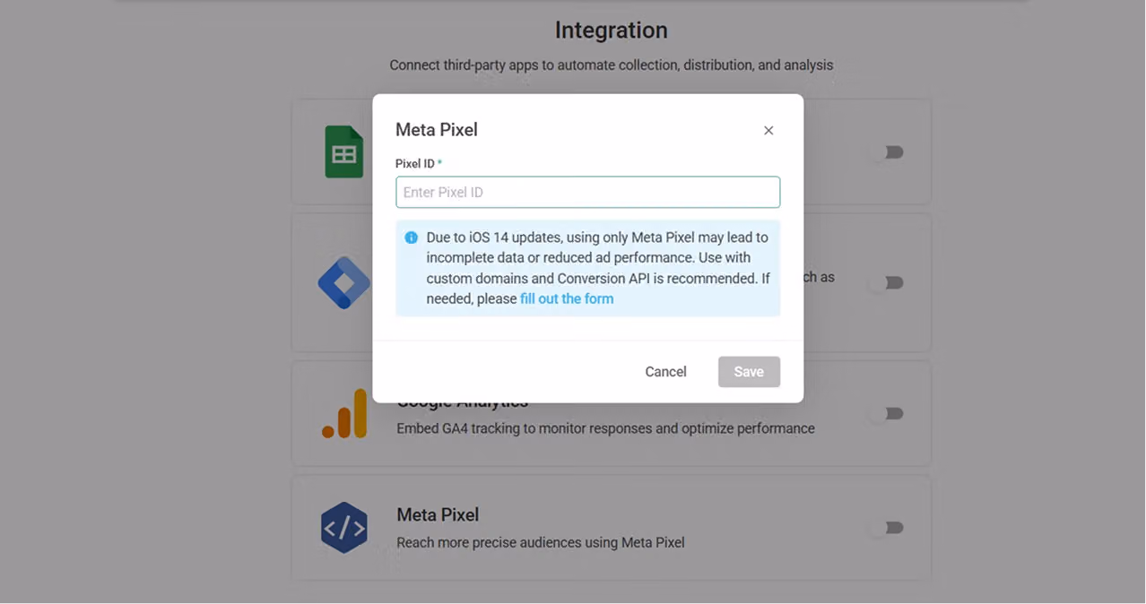 Survey backend Integration sidebar with the Meta Pixel field opened ready for entering the pixel ID