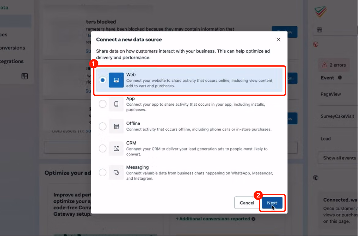 Connect Data window with the Web option selected for creating a new dataset