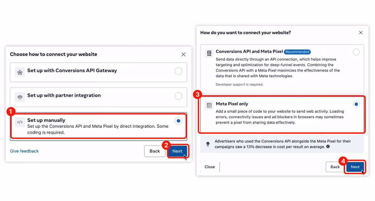 Dialog box asking how you want to connect your website, with setup method options to choose from