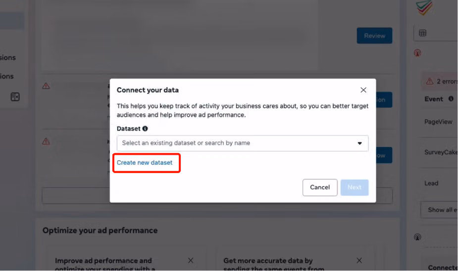 Connect Data window with the Create New Dataset button being clicked
