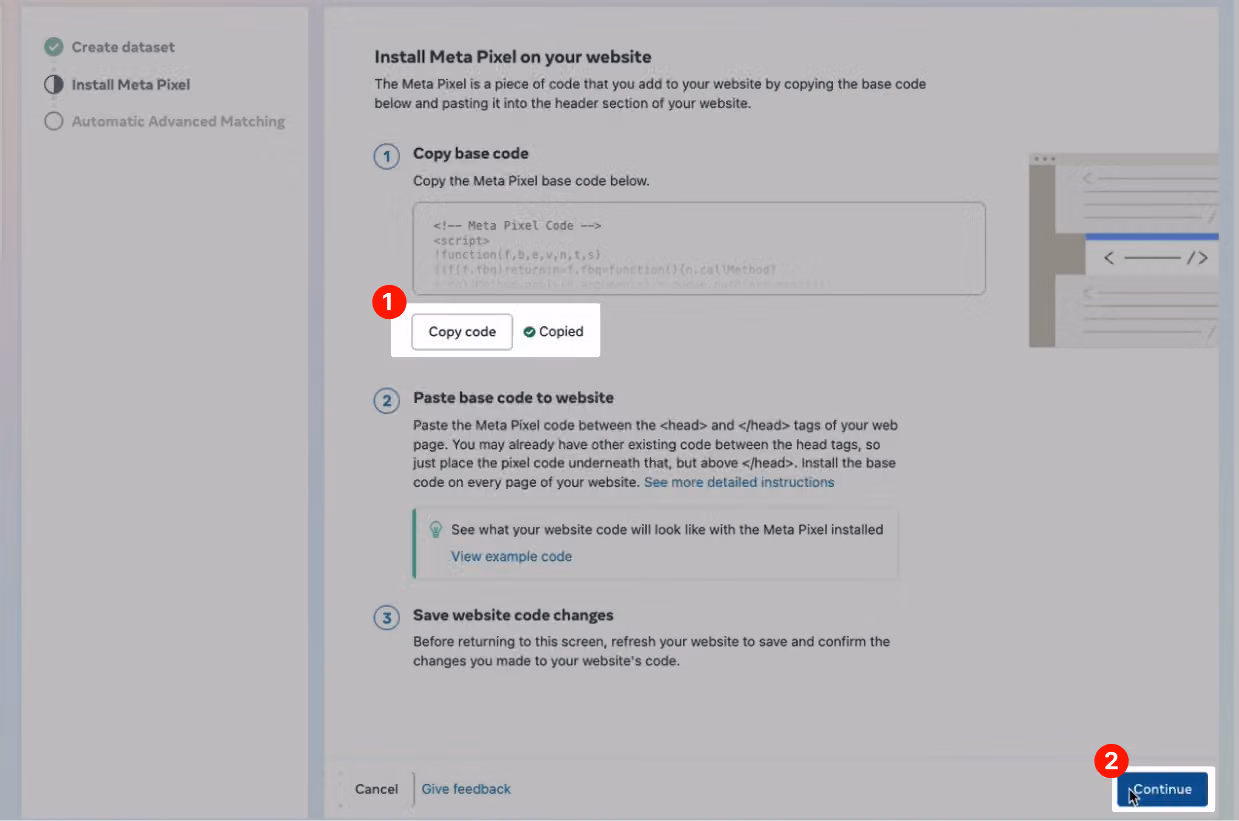 Screen for selecting manual setup as the connection method and choosing to use Meta Pixel only